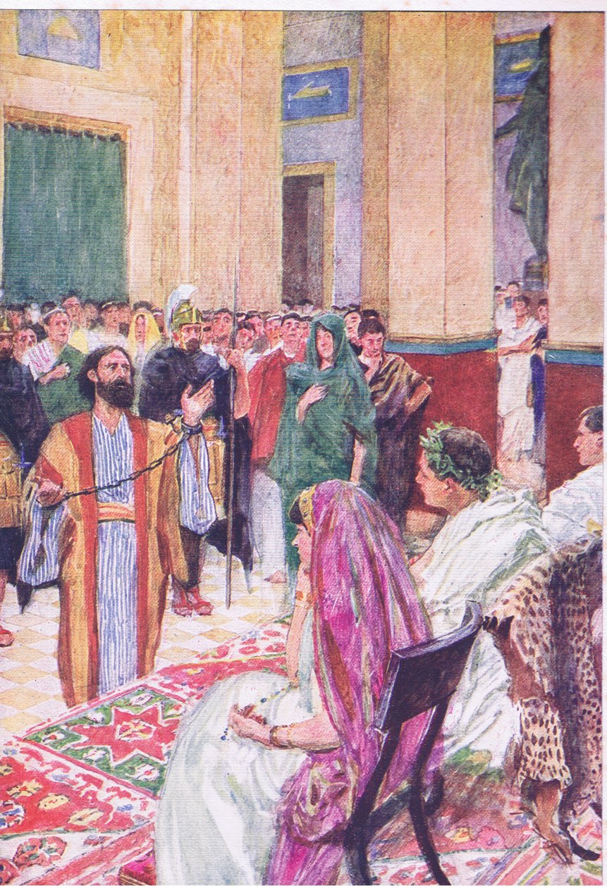 Paul före Agrippa, från The Bible Story publicerad av Hodder & Stoughton, c.1930 (färg litho) av William Hatherell
