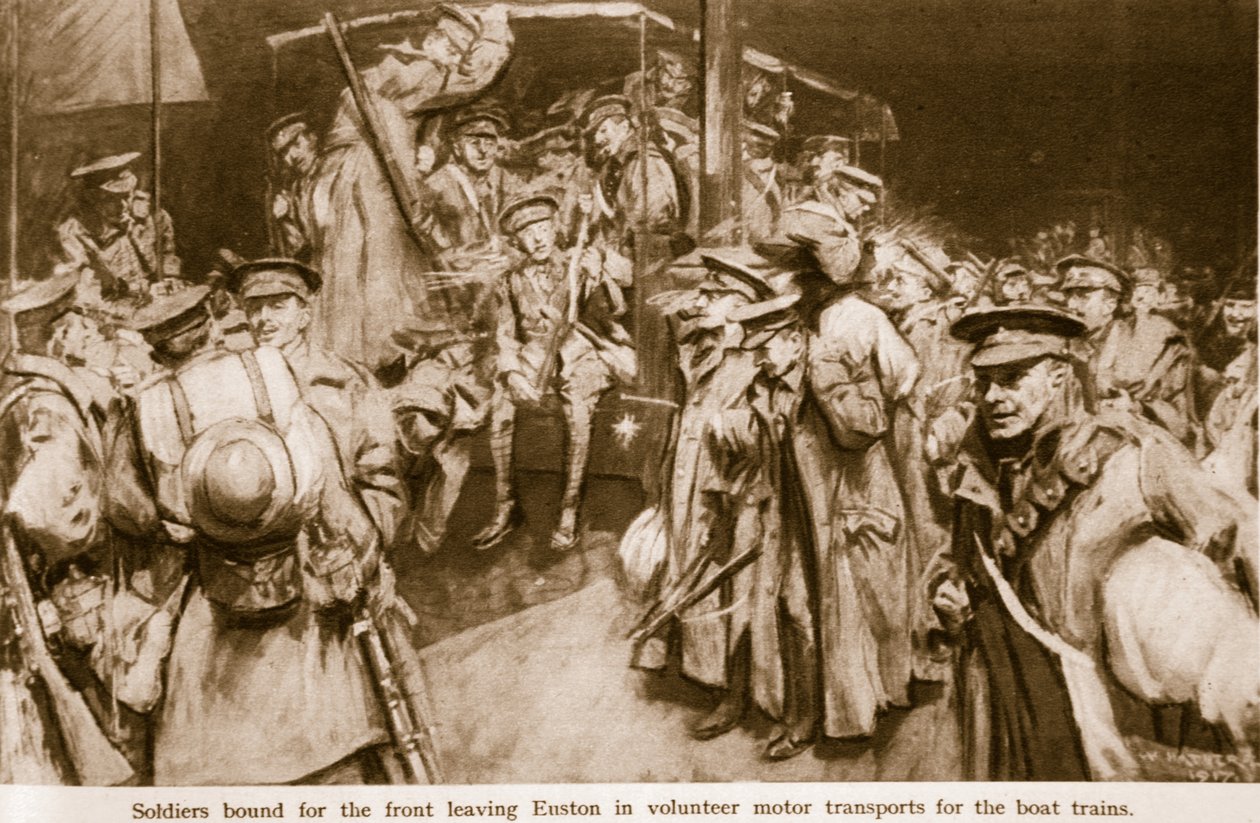 Scener av gripande glädje och patos som utspelas på Londons stora järnvägsstationer 1914-19. av William Hatherell