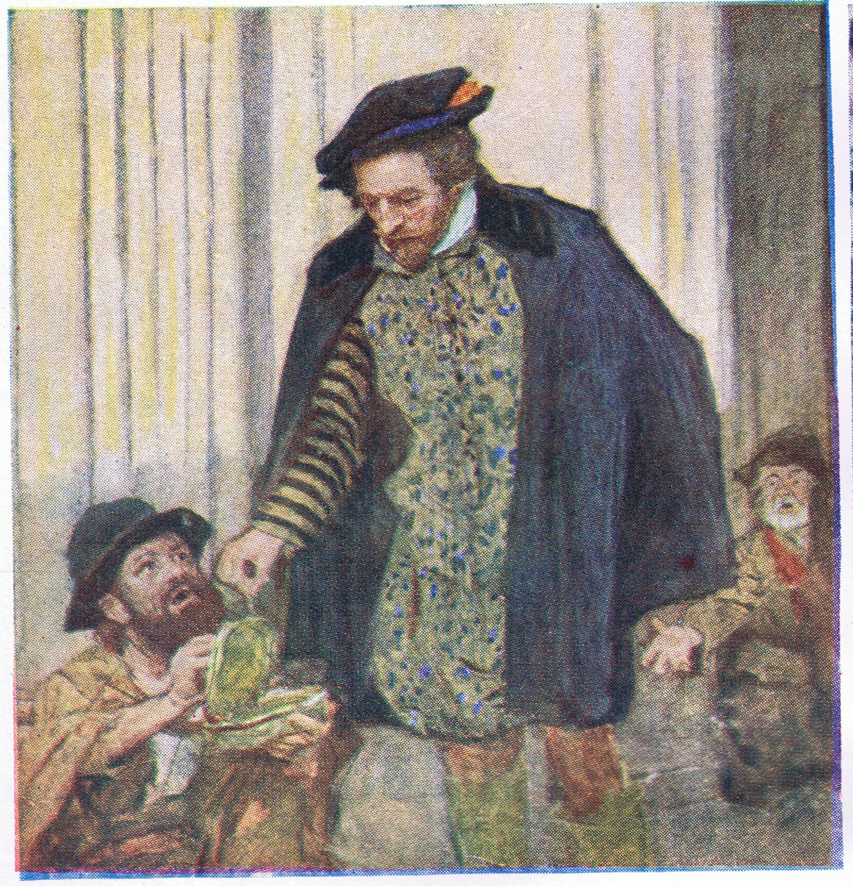 Shakespeare ger en penny till en tiggare, från My Magazine, pub.1922 av William Hatherell