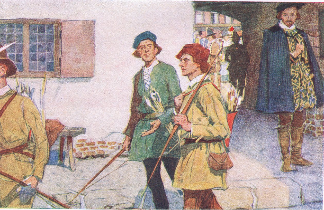 Shakespeare ser ett sällskap av lärlingar med sina pilar och bågar gå till bågskytteområdet på Moorfields, från My Magazine, pub.1922 av William Hatherell