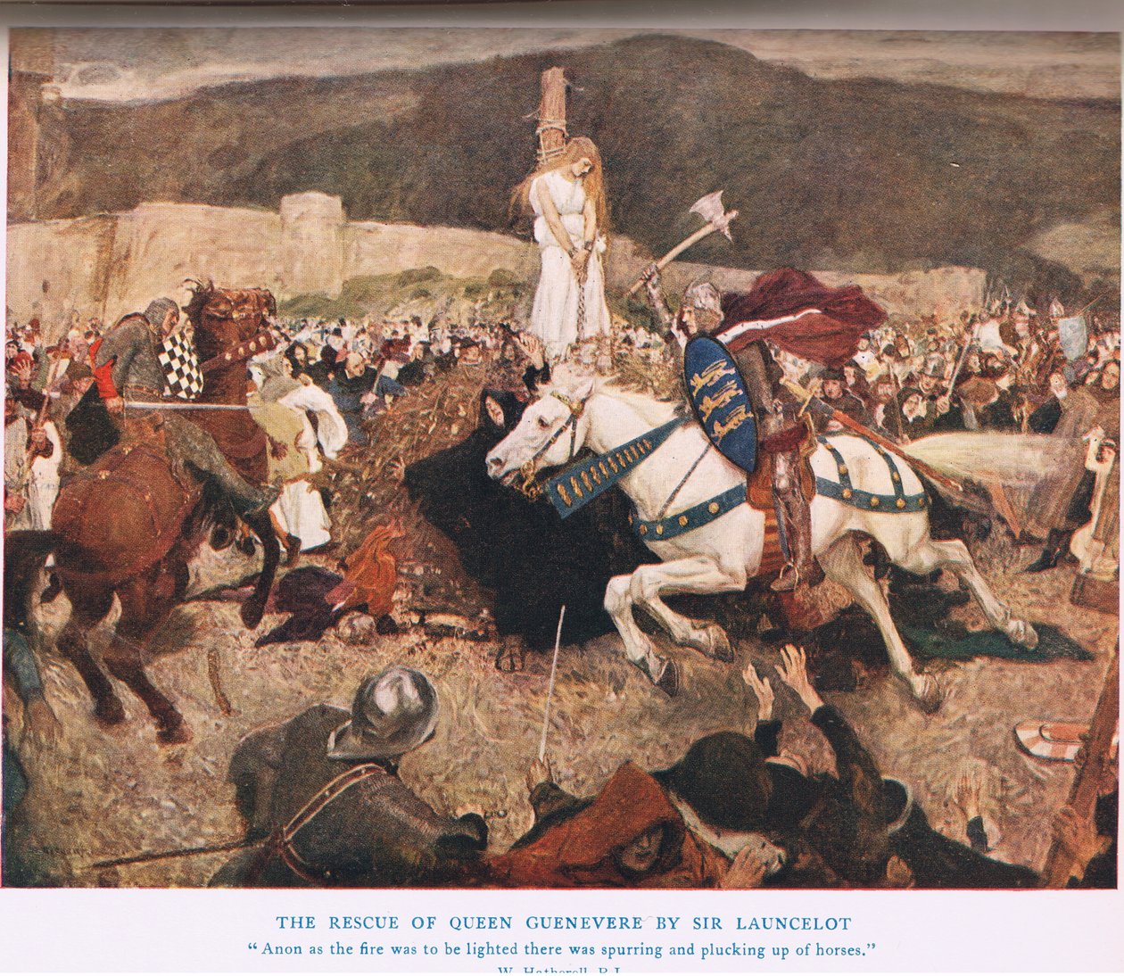 Sir Lancelots räddning av drottning Guenevere, illustration från "Kung Arthur". av William Hatherell