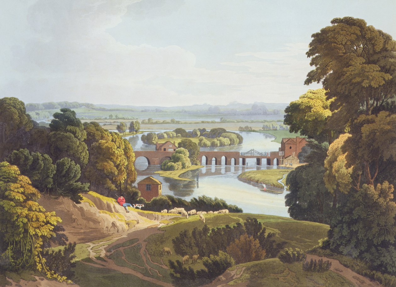 Caversham Bridge, nära Reading, graverad av Robert Havell the Younger (1793-1878), publicerad 1818 (akvatint) av William Havell
