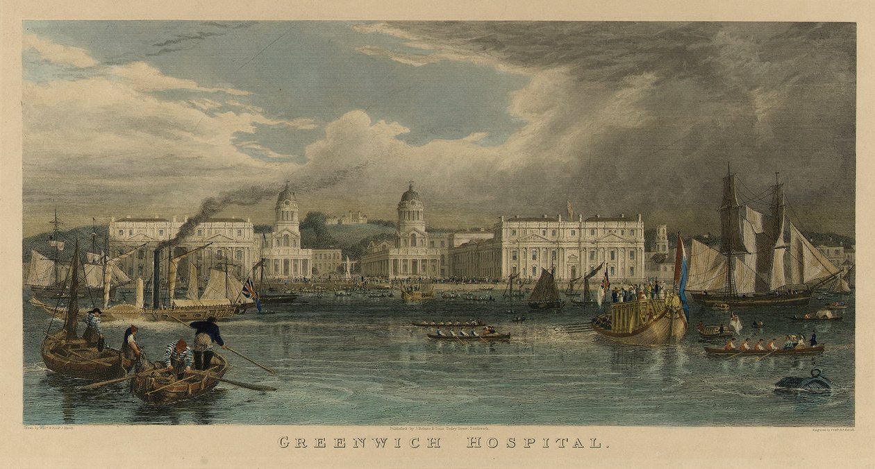 Kungligt besök på Greenwich Hospital (England), med ett segelfartyg, en ångbåt, passagerarpråmar, roddbåtar på Themsen av William Havell