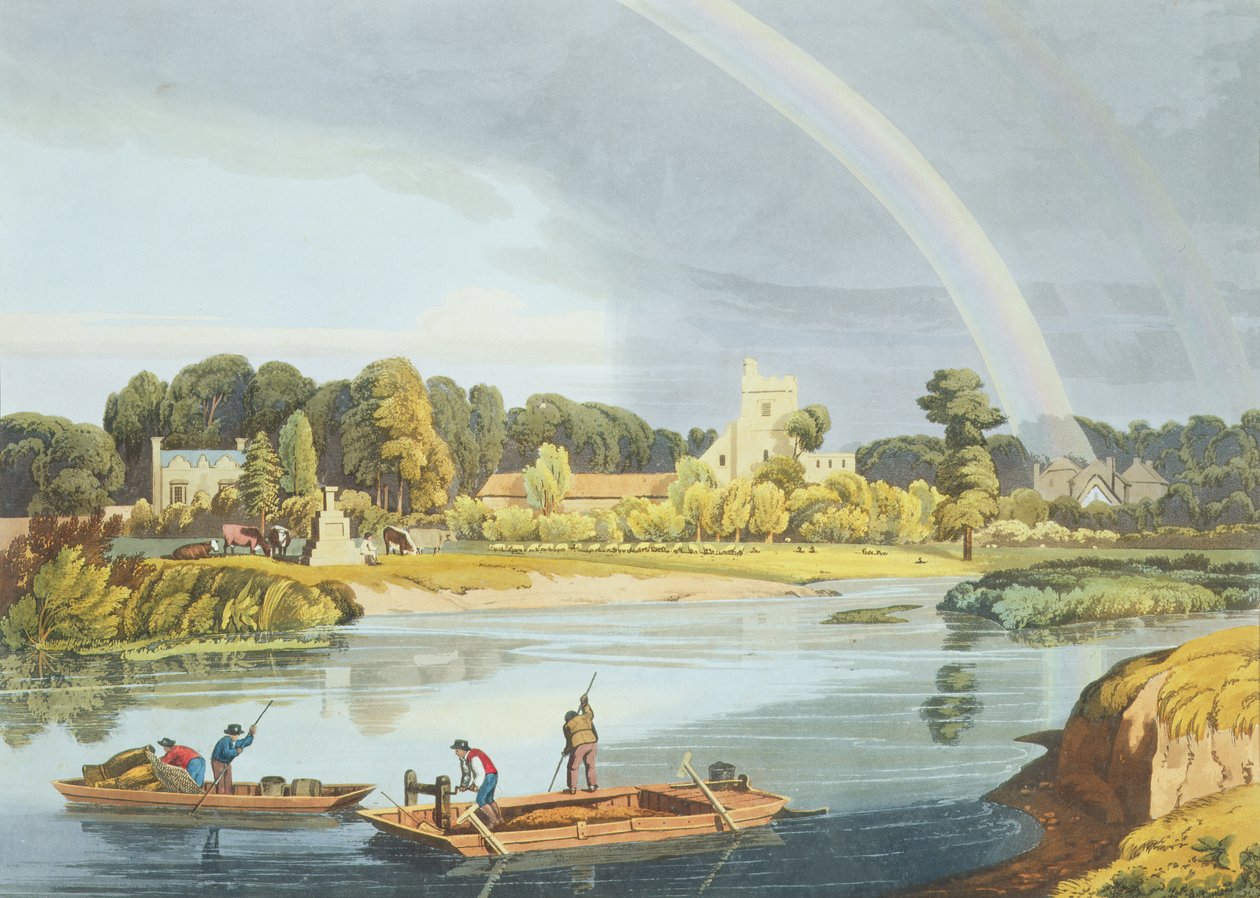 Staines kyrka med stadssten på stranden av floden, graverad av Robert Havell den yngre (1793-1878) publicerad 1818 (akvatint) av William Havell