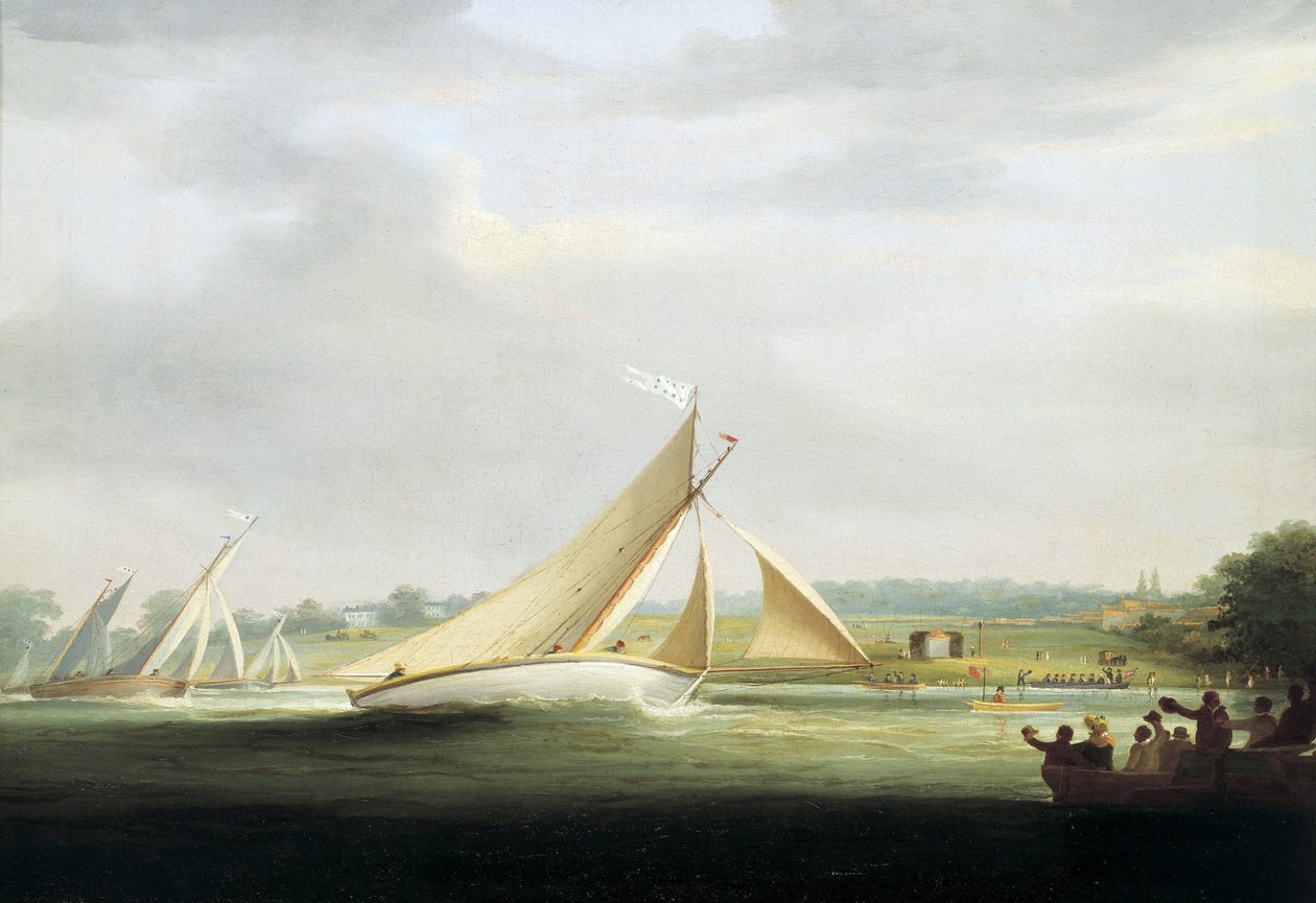 Båtar från Cumberland Society race, på Themsen (England), ca 1815, föregångare till Royal Yacht Race på Themsen. Olja på duk av William Havell