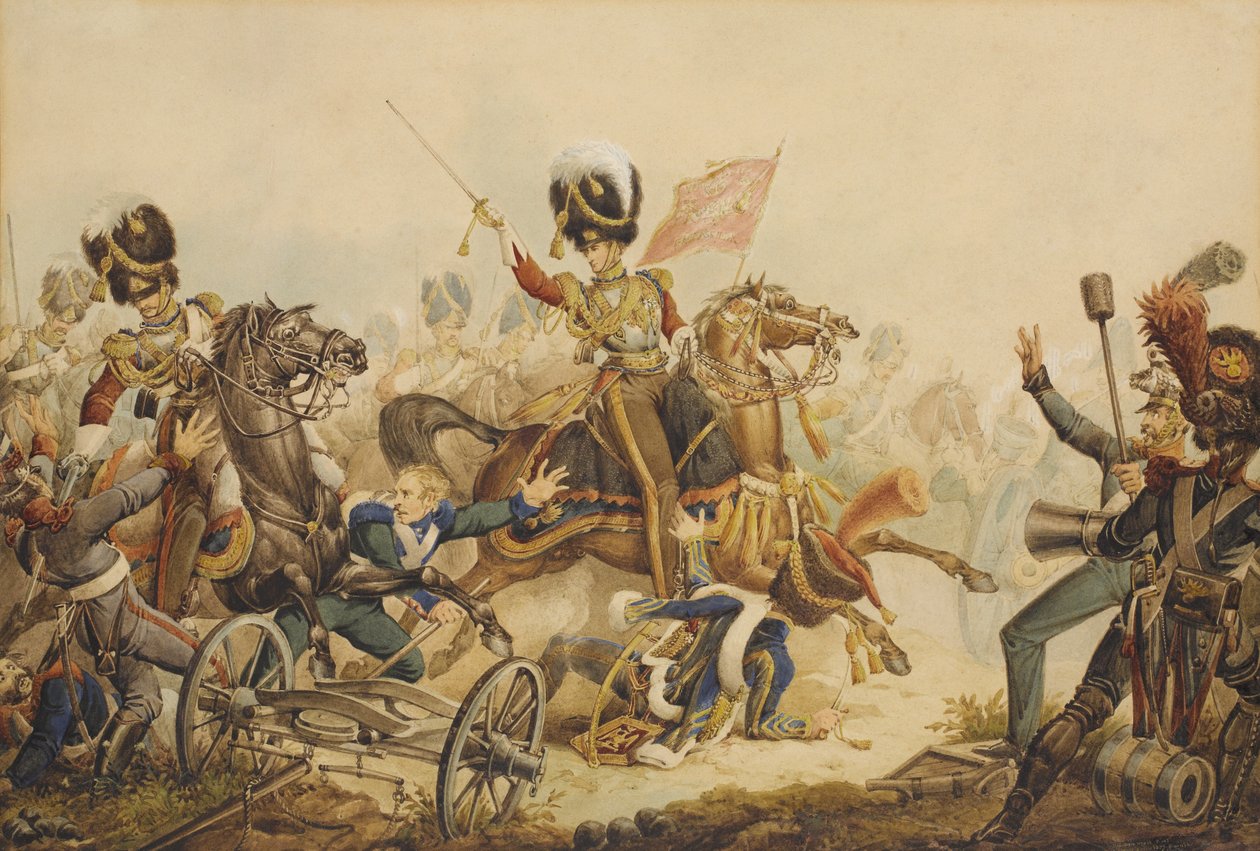 Första livgardet laddar franskt artilleri vid slaget vid Waterloo 1815, 1820 av William Heath