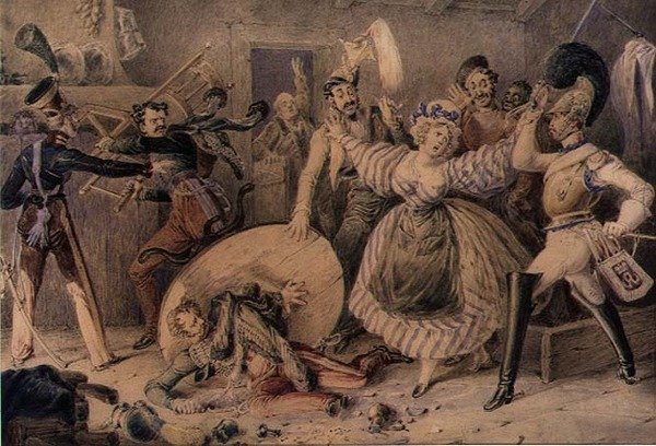 A Brawl in an Inn, ca 1830 (akvarell över penna förhöjd med gouache på papper) av William Heath