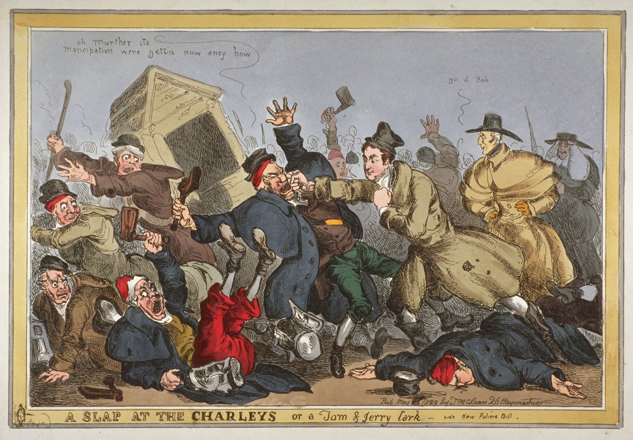 "A slap at the Charleys or a Tom und Jerry lark, vide New Poliece Bill", 1829 (handkolorerad etsning) av William Heath