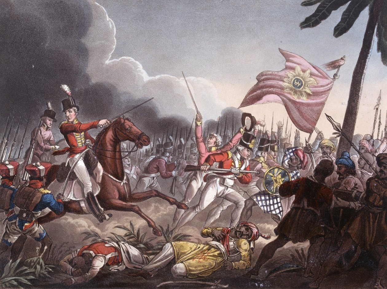 Slaget vid Assaye, 23 september 1803, graverad av J.C. Stadler, publicerad av Thomas Tegg, 1 april 1818 (färgad akvatint) av William Heath