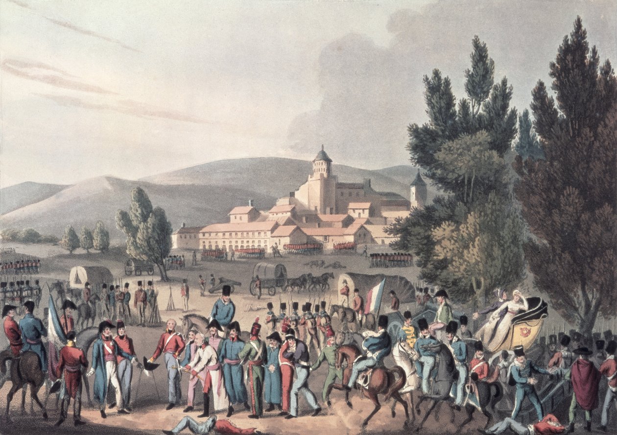 Slaget vid Vittoria, 1813, Bringing in the Prisoners, etsat av I. Clarke, aquatinted av M. DuBourg (akvatint) av William Heath