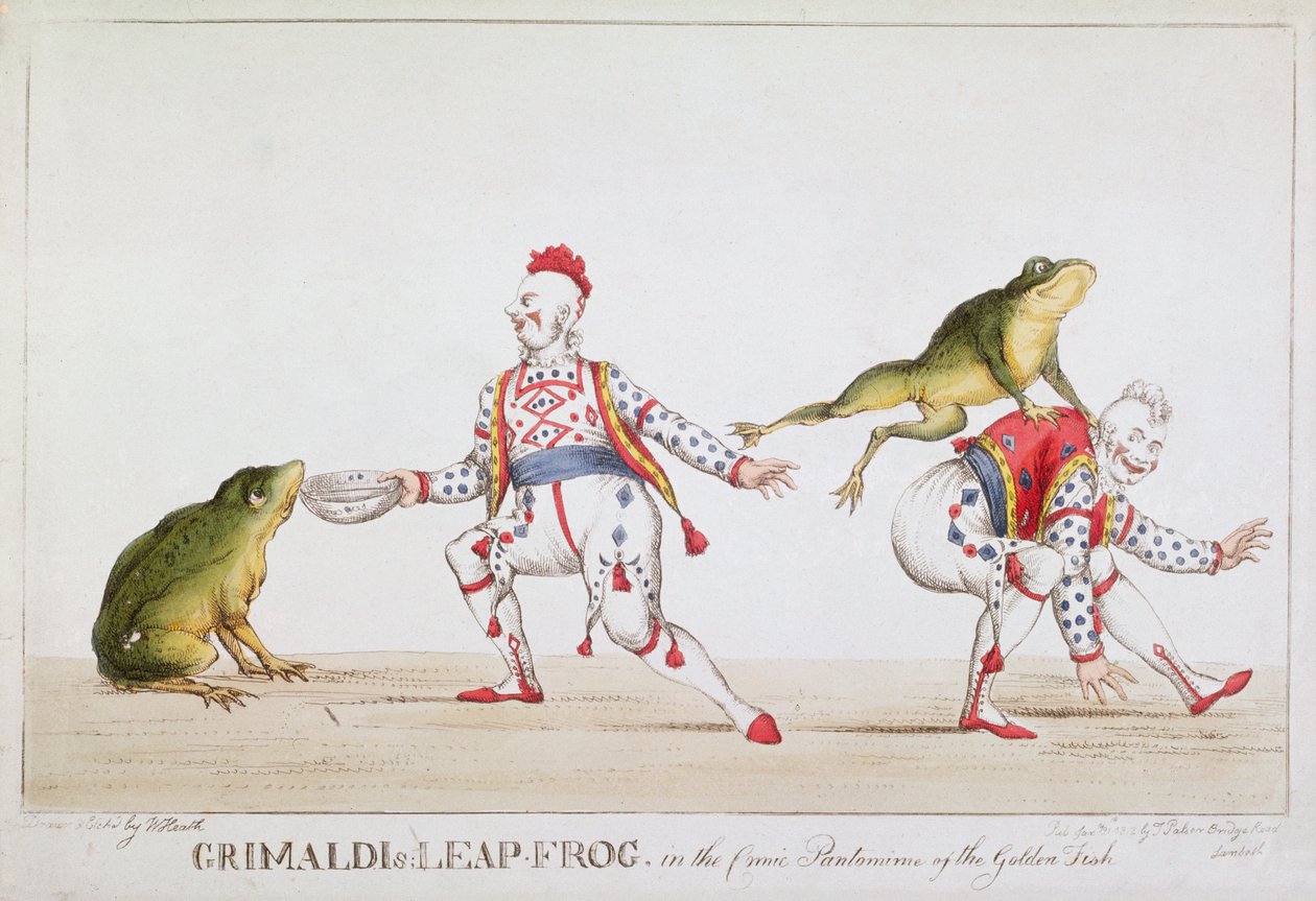 Grimaldis språnggroda i den komiska pantomimen av den gyllene fisken, 1812 av William Heath