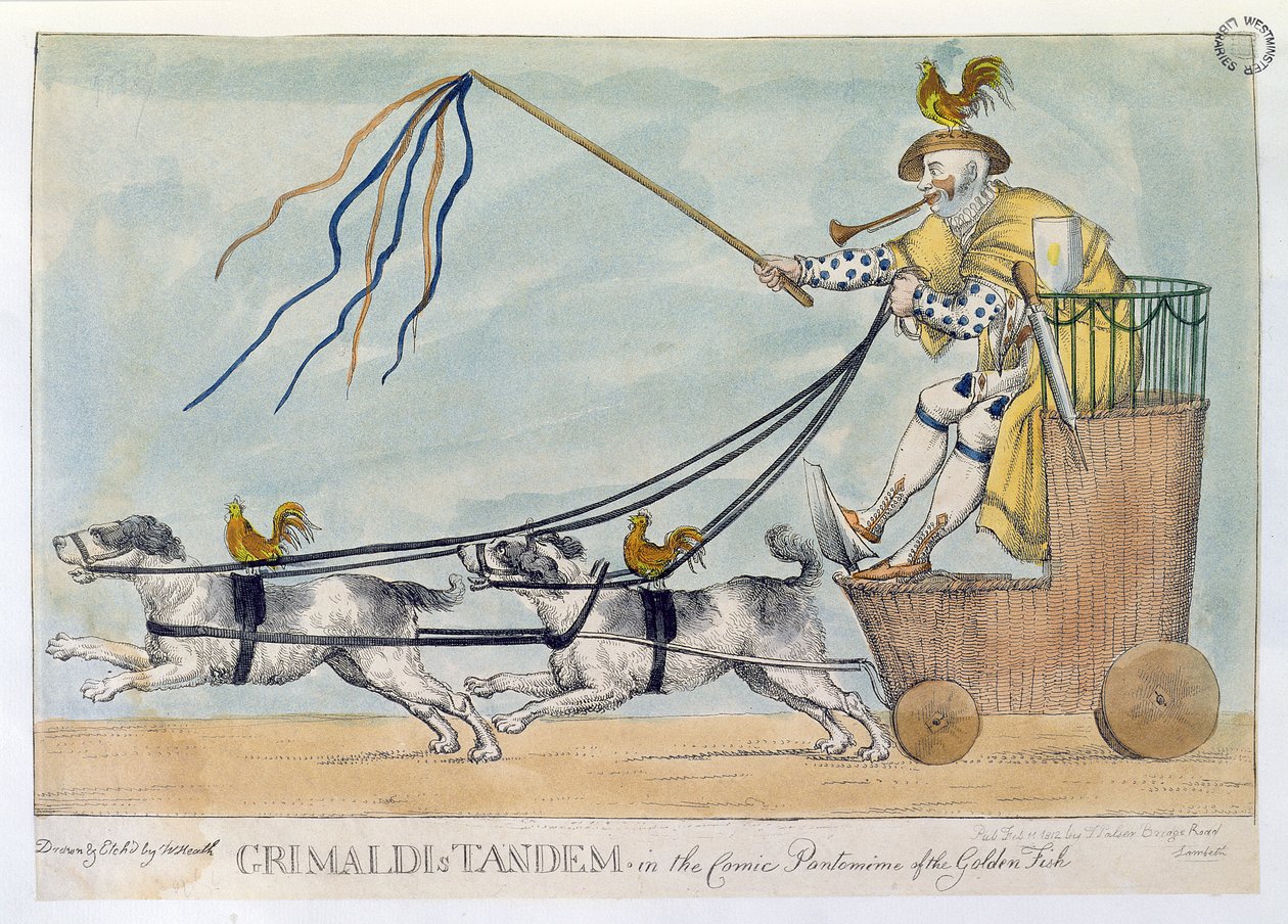 Grimaldis Tandem i den komiska pantomimen av den gyllene fisken, pub. 1812 av William Heath