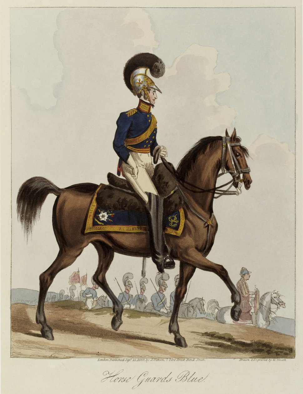 Horse Guards Blue, Uniform study of Royal Regiment of Horse Guards, 1820 (färgad akvatint) av William Heath