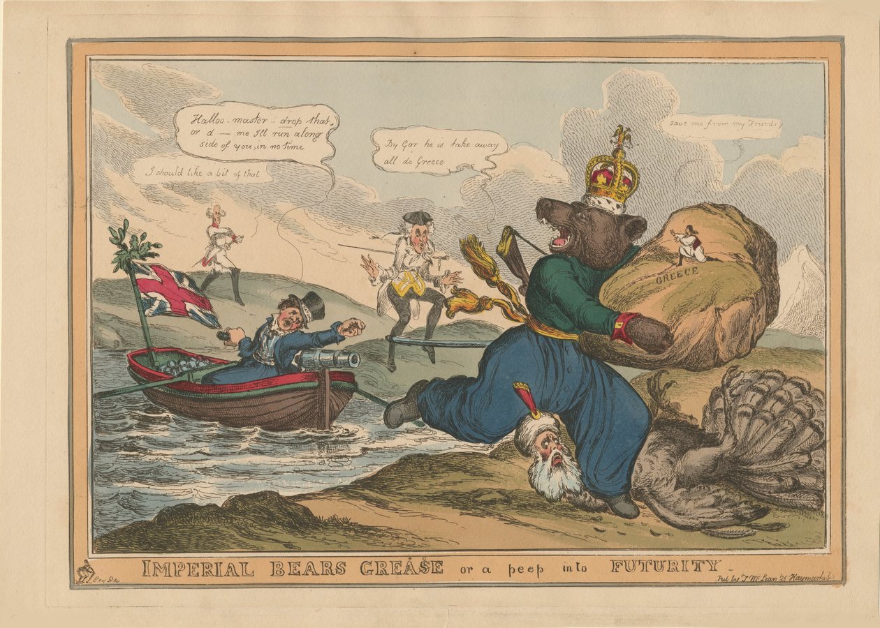 Imperial Bears Grease Grekland eller en titt in i framtiden. Karikatyr om det rysk-turkiska kriget, 1828. av William Heath