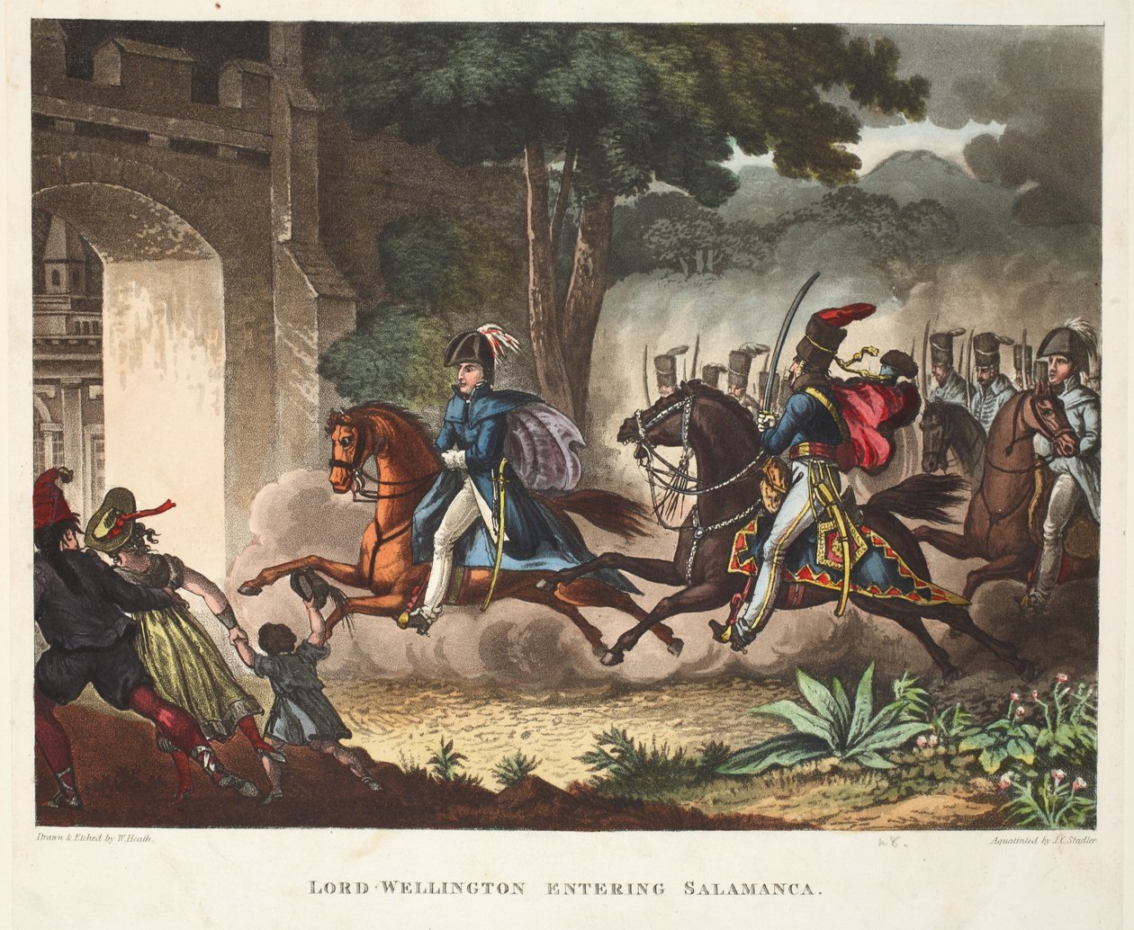 Lord Wellington på väg in i Salamanca, akvatint av J.C. Stadler, pub. av Tegg, april 1818 (akvatint) av William Heath