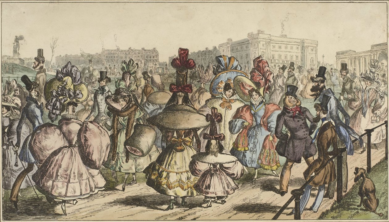 Män och kvinnor i slående kläder går i en park i en stad The Park - 1830 (titel på objekt) av William Heath