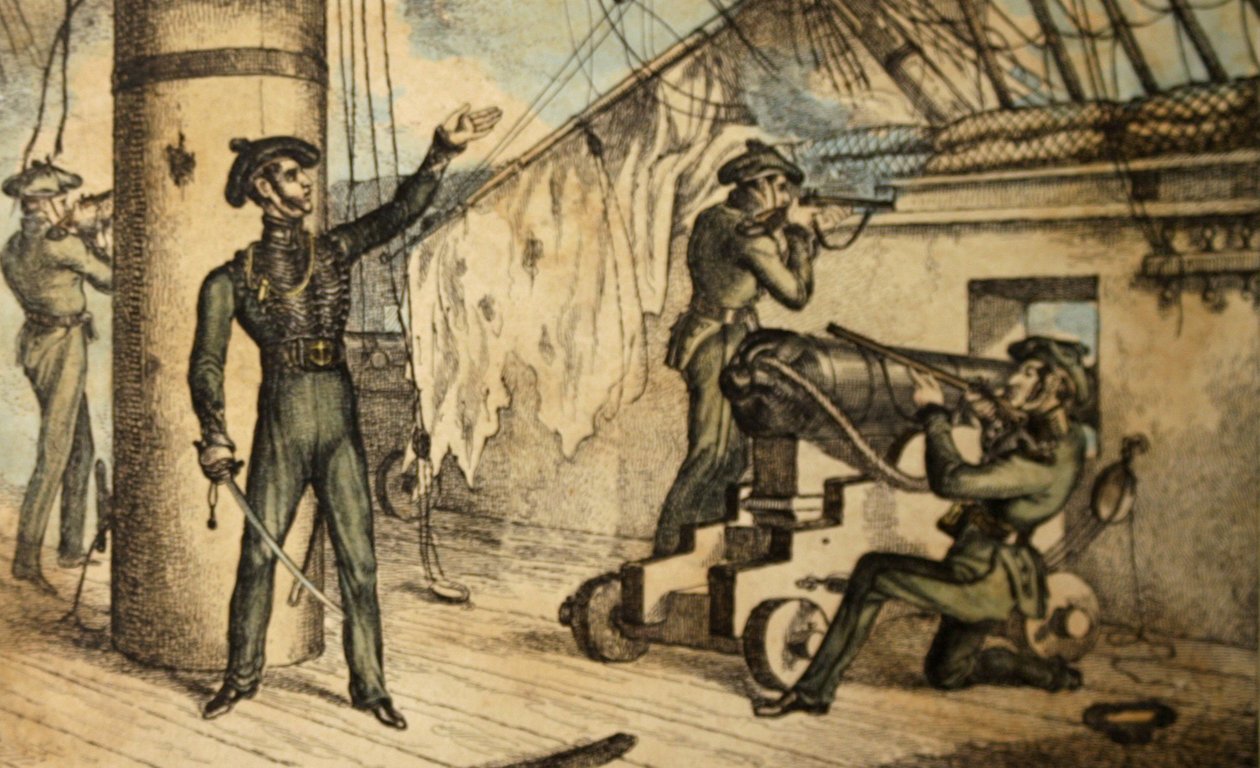 Marinskytte i aktion ombord på ett oidentifierat krigsfartyg, ca 1835 (handfärgad etsning) av William Heath