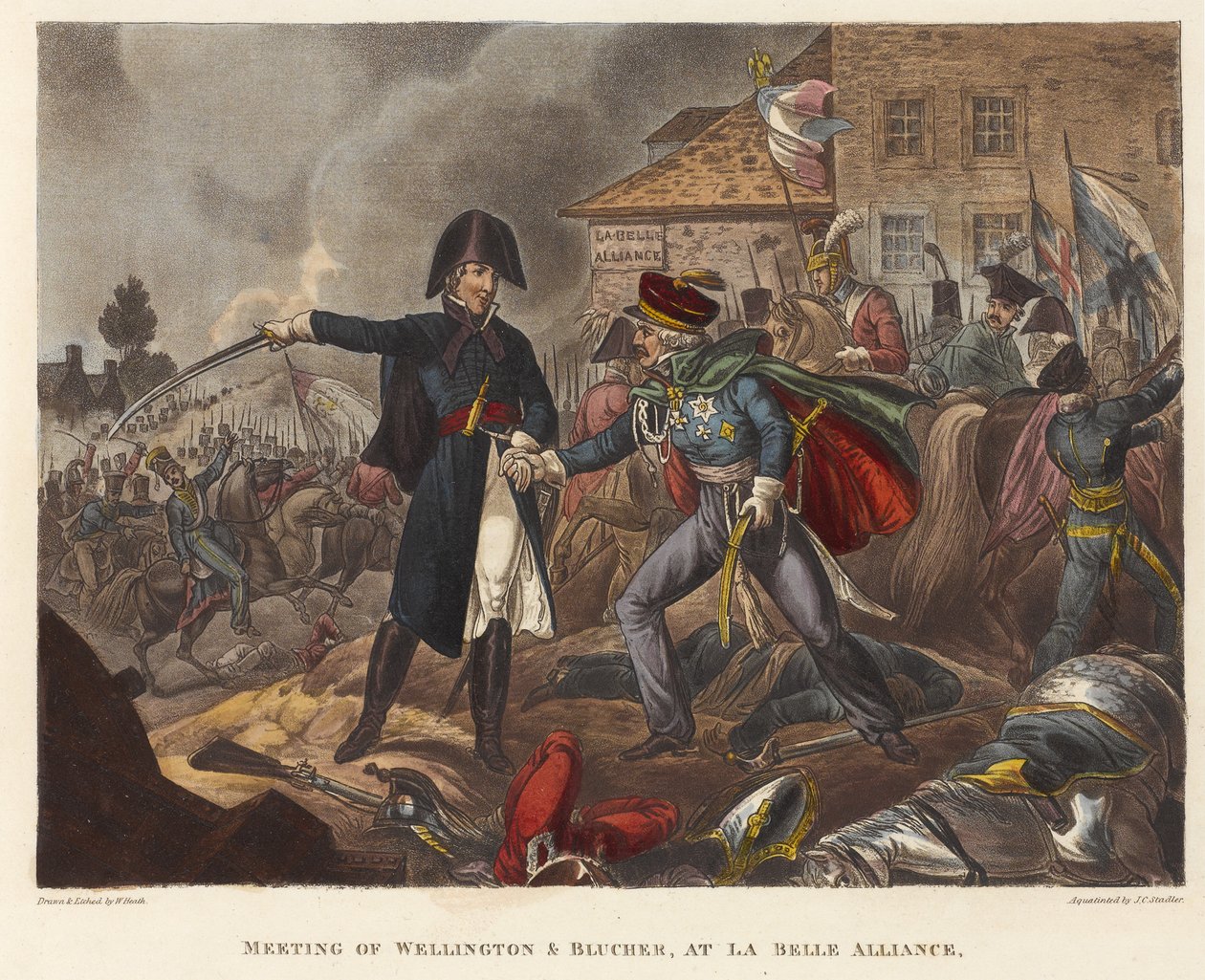Möte mellan Wellington och Blücher vid La Belle Alliance, akvatint av Joseph Constantine Stadler (fl.1780-1812), 1818 (färgad akvatint) av William Heath