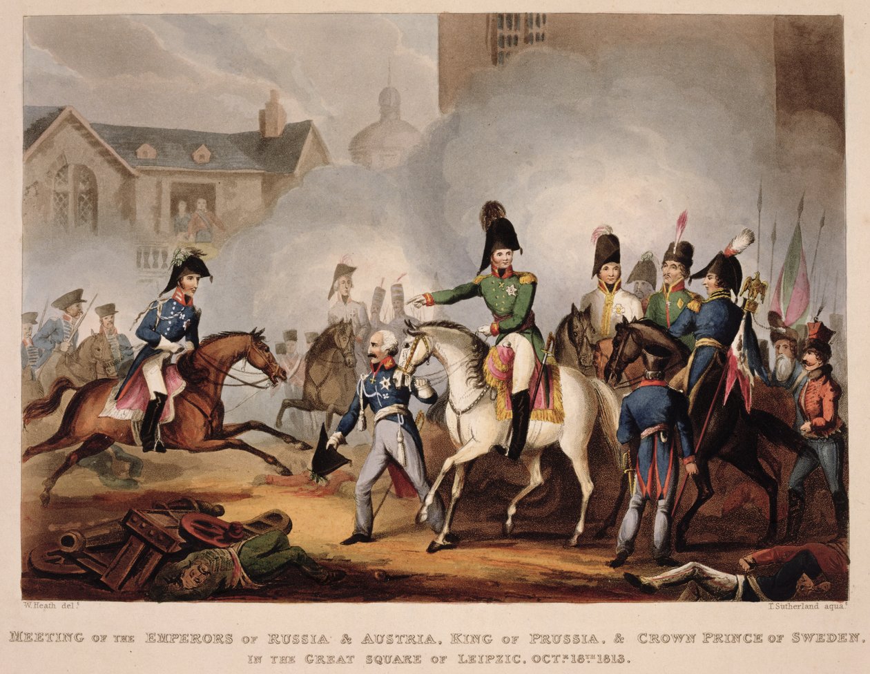 Möte mellan kejsarna av Ryssland och Österrike, kungen av Preussen och kronprinsen av Sverige på det stora torget i Leipsic, 18 oktober 1813, från 