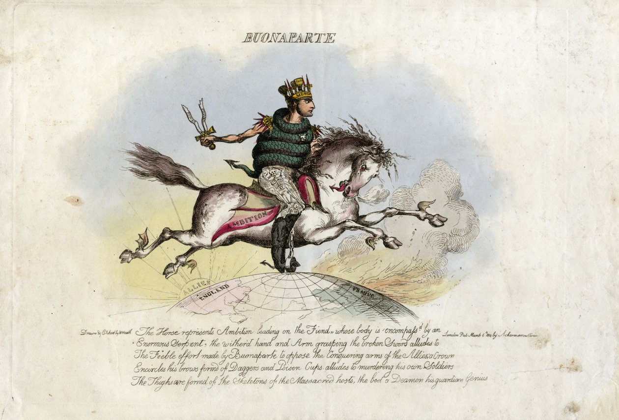 Napoleon galopperar på Ambition, en häst med vingar på fötterna över jordklotet av William Heath