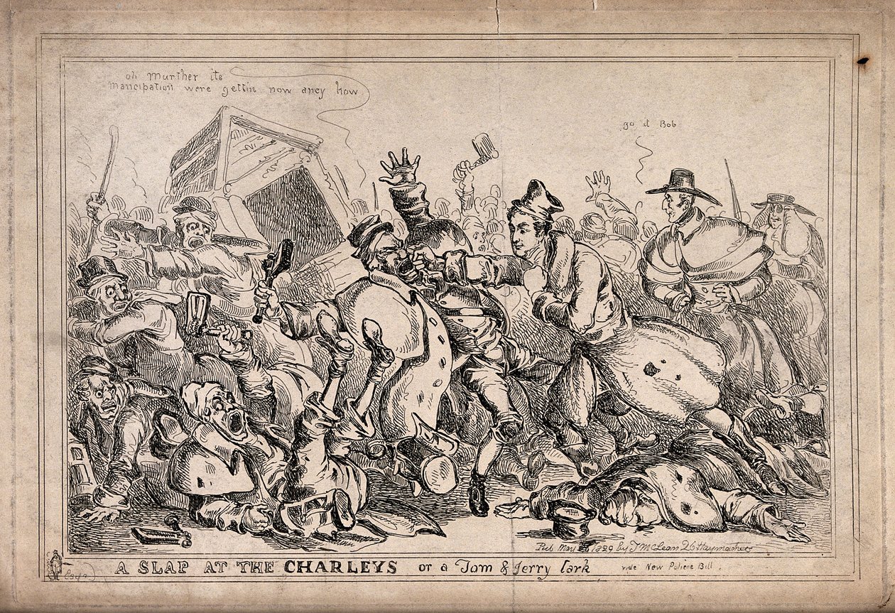 Robert Peel som boxare som attackerar nattvakter i syfte att ersätta dem med poliskåren. Etsning av Paul Pry (W. Heath). av William Heath