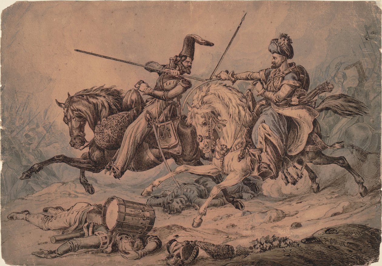 Rysk kosack i strid med en mameluk, 1815 av William Heath