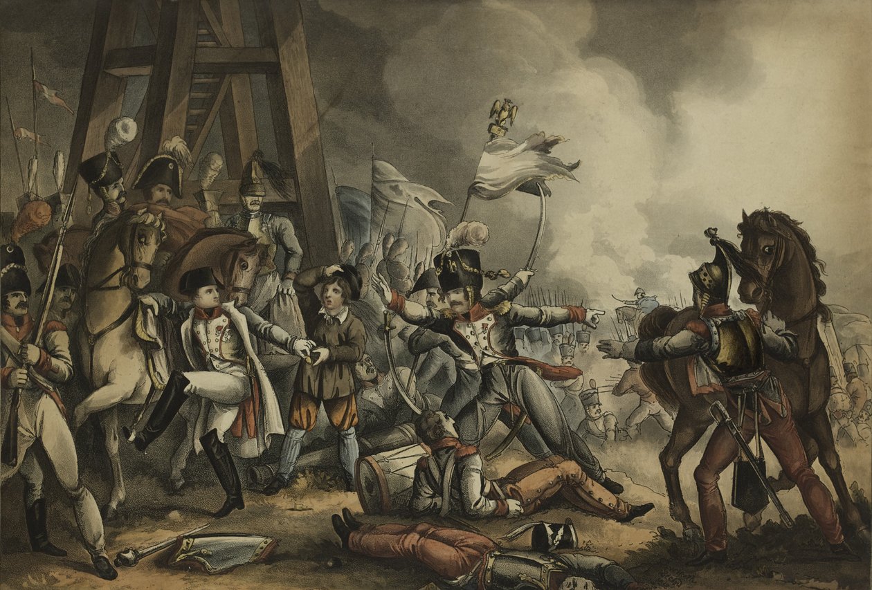 Sauve qui peut, eller Var och en för sig själv, akvatint av Thomas Sutherland (1785-1838), utgiven av James Jenkins, 1 maj 1816 (akvatint i färg) av William Heath