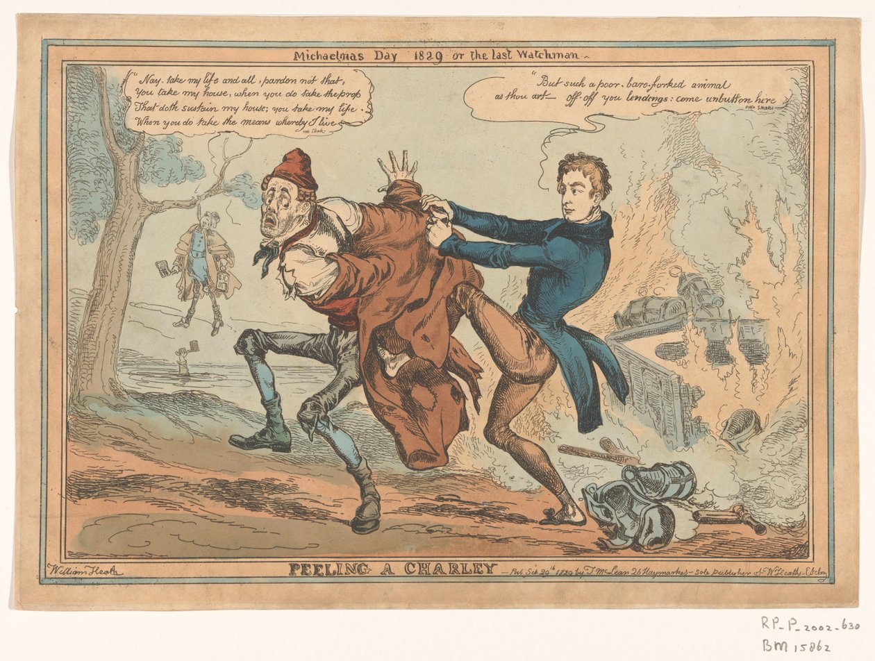 Spotprent av Sir Robert Peel Peeling a Charley / Michaelmas Day 1829 or the last Watchman (titel på objekt) av William Heath