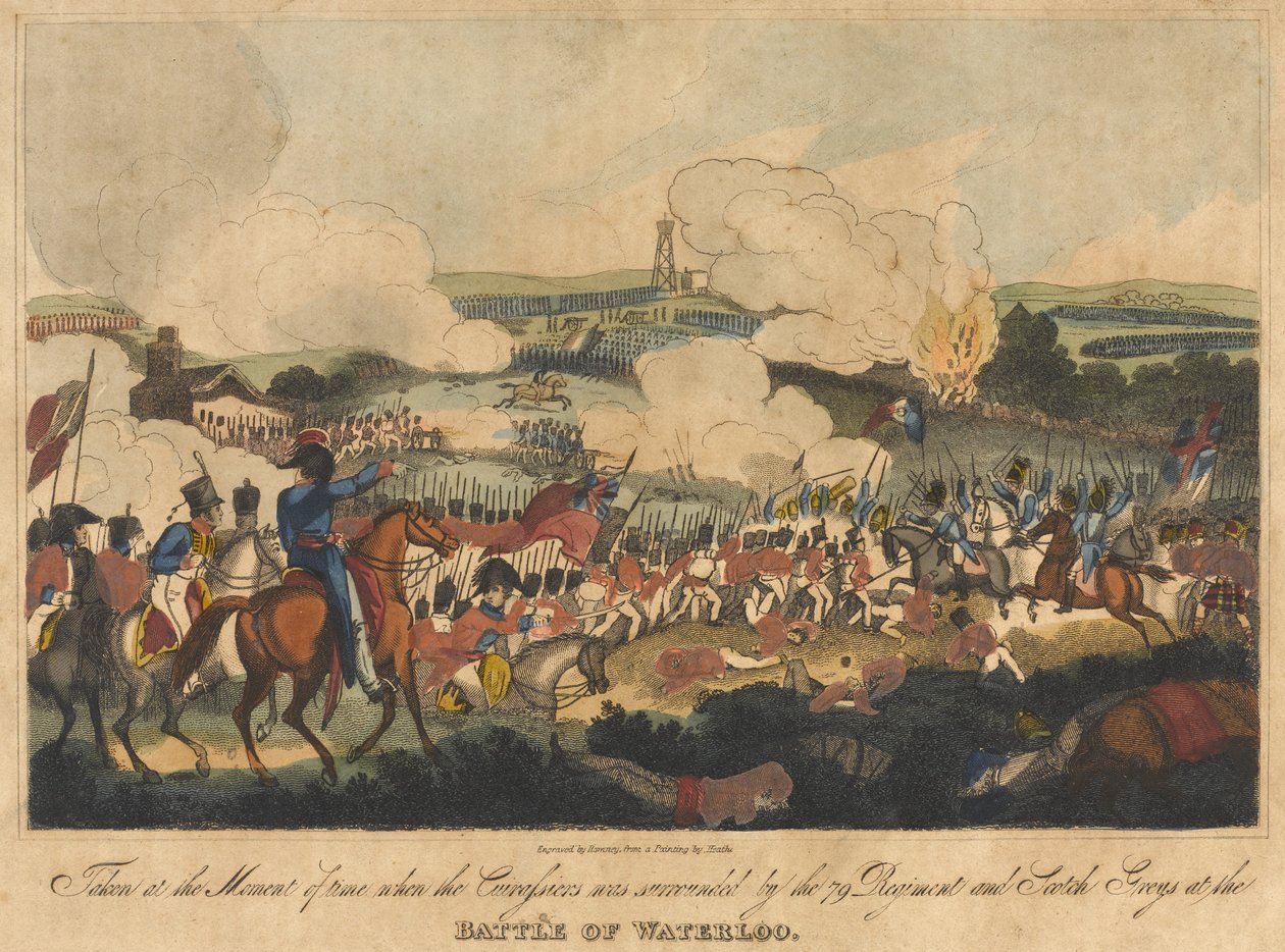 Taget vid tidens ögonblick då Cuirassiers omgavs av 79 Regiment och Scotch Greys vid slaget vid Waterloo, 18 juni 1815, graverad av Romney och publicerad av Richard Evans, 1816 (co. av William Heath