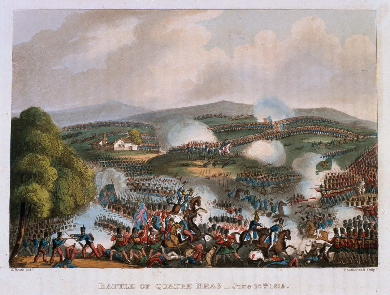 Slaget vid Quatre Bras den 16 juni, 1815, graverad av Thomas Sutherland, 1815 (färgad akvatint) av William Heath