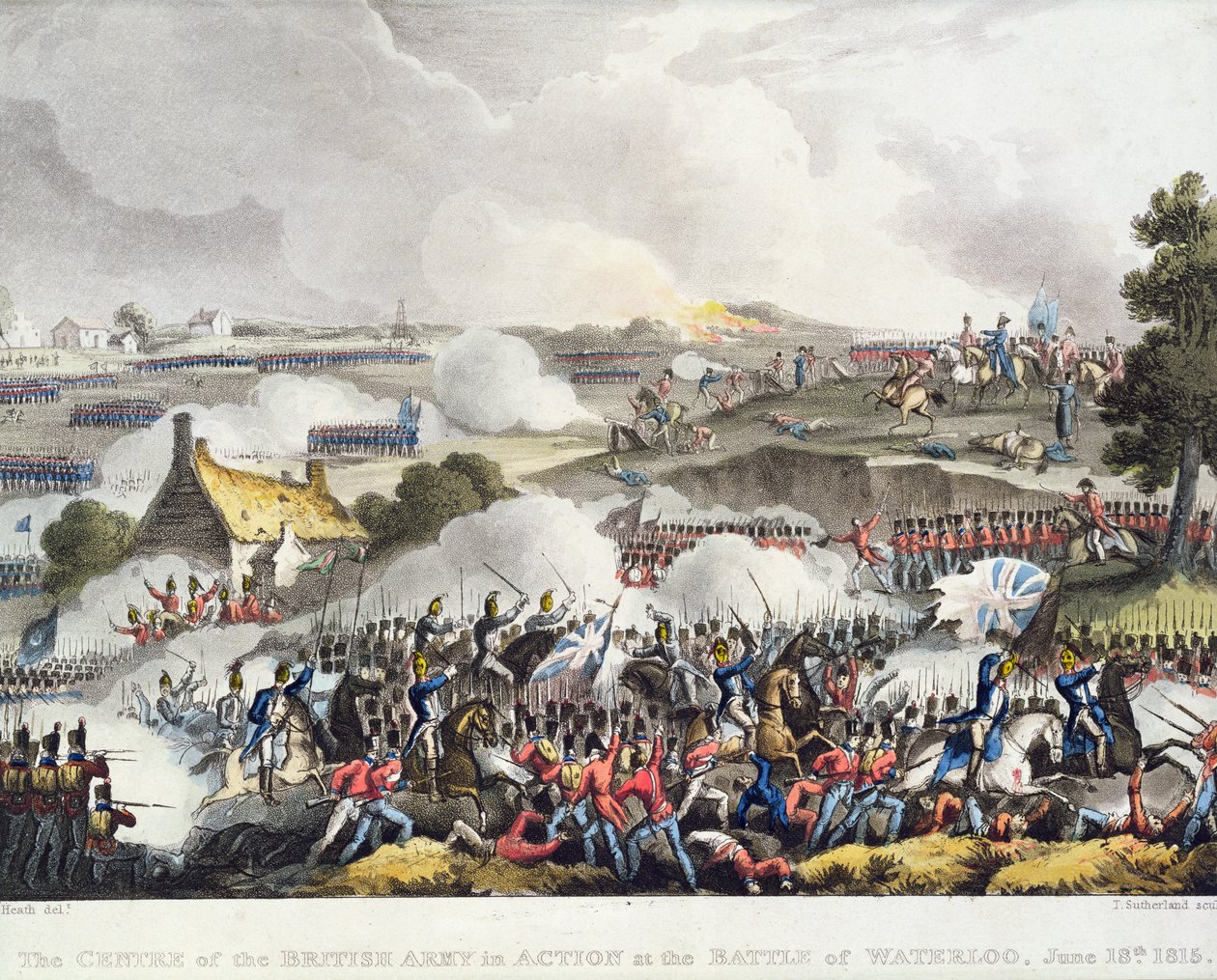 Den brittiska arméns centrum i aktion i slaget vid Waterloo, 18 juni 1815, graverat av Sutherland av William Heath
