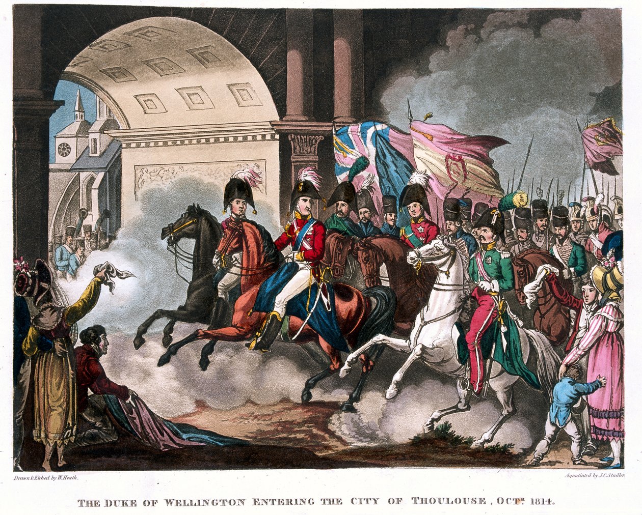 Hertigen av Wellington (1769-1852) på väg in i Toulouse 1814, illustration till en berättande dikt av Dr. Syntax, publicerad 1818 (färgad akvatint). av William Heath