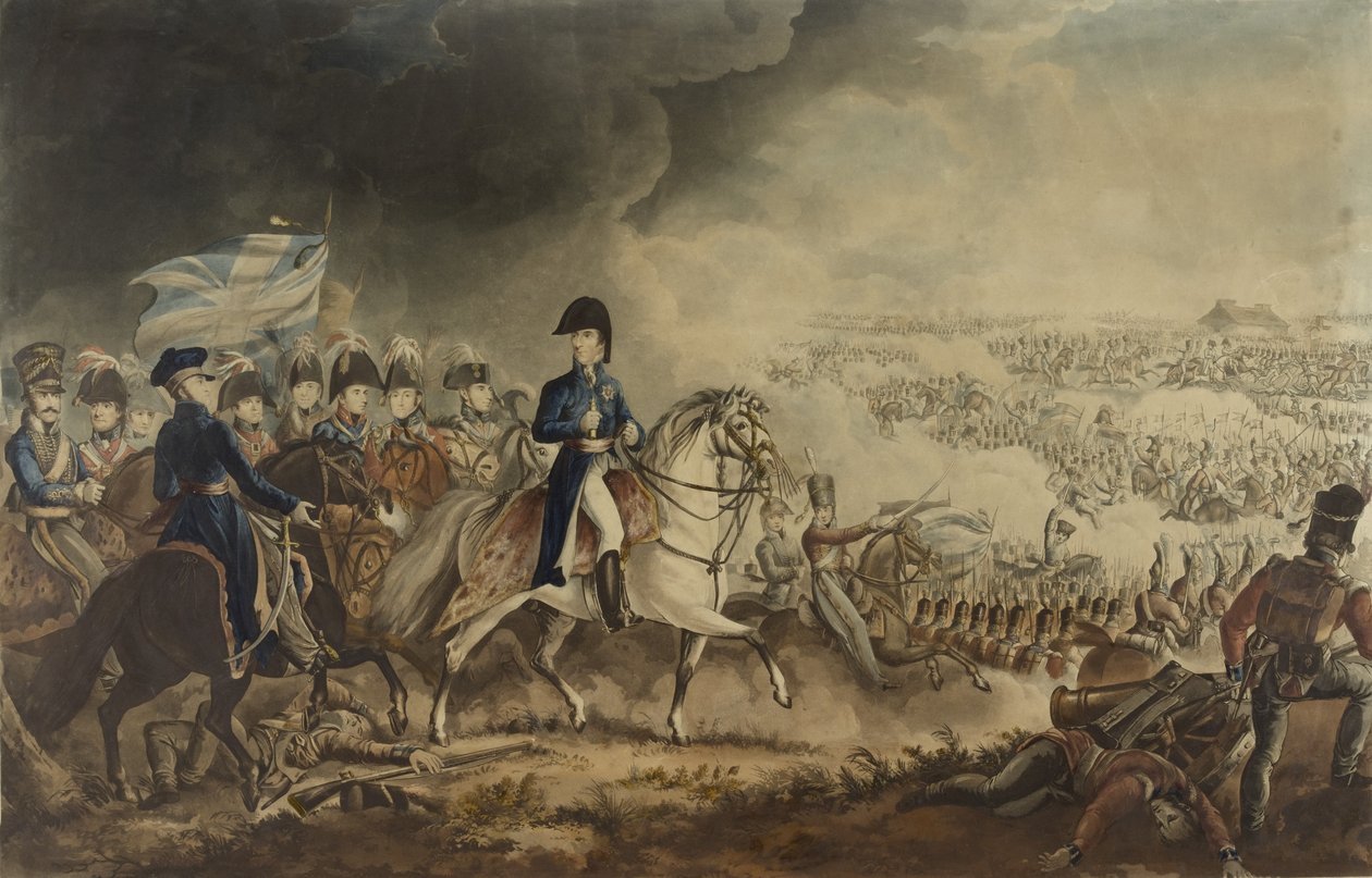 Hertigen av Wellington och de mest framstående officerarna vid slaget vid Waterloo, 18 juni 1815, akvatint av W.T. Fry och T. Sutherland, utgiven av J. Jenkins, London, 18 juni 1817 (färgat akvatint). av William Heath