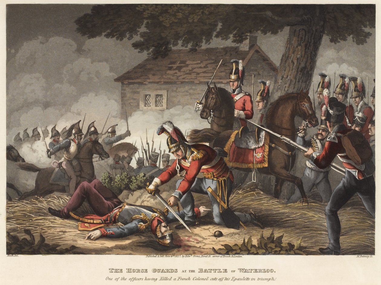 Hästvakterna i slaget vid Waterloo, en av officerarna som dödat en fransk överste skär av sin epaulett i triumf, graverad av M. Dubourg, 1819 (färgad akvatint). av William Heath