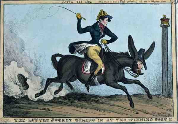 "The Little Jockey Coming in at the Winning Post!!!", c.1831 (färgad etsning) av William Heath