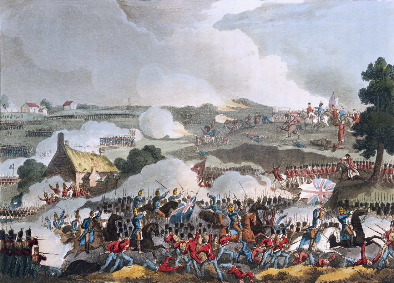 Den brittiska arméns centrum i aktion vid slaget vid Waterloo, 18 juni 1815, akvatint av Sutherland, 1815 (färgad akvatint) av William Heath