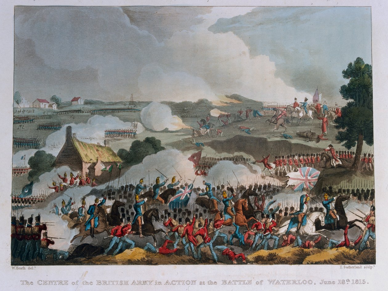 Den brittiska arméns centrum i aktion vid slaget vid Waterloo, 1815 (akvatint) av William Heath