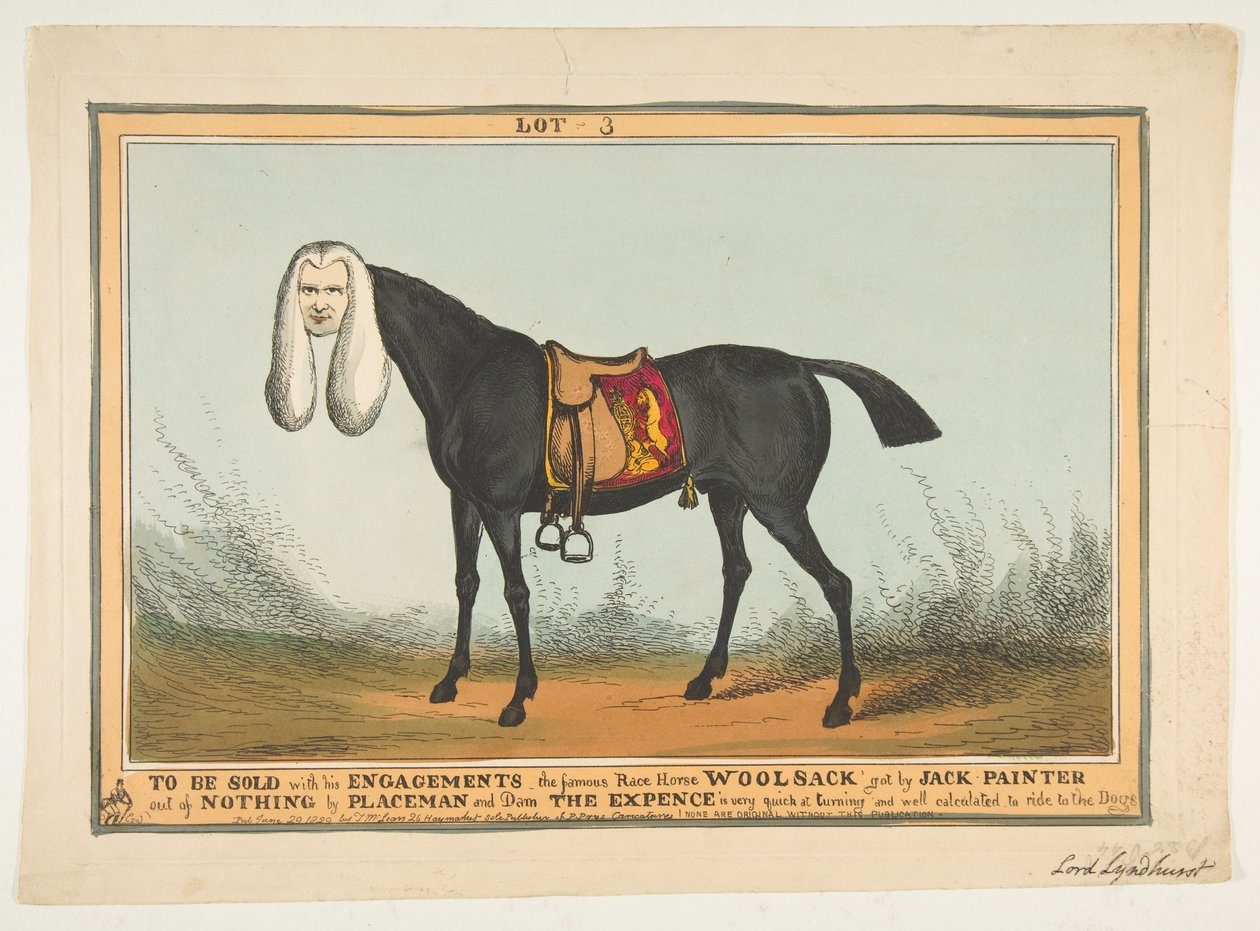 Ska säljas med alla hans förlovningar-Den berömda tävlingshästens ullsäck, 29 juni 1829. av William Heath