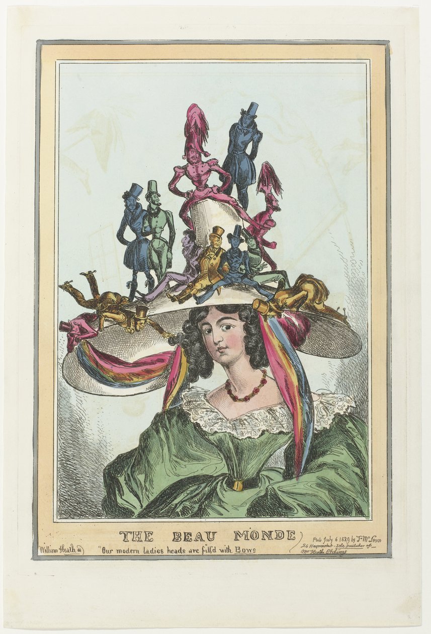 Kvinna med en stor hatt som mansfigurer sitter på The Beau Monde (titel på objekt) av William Heath