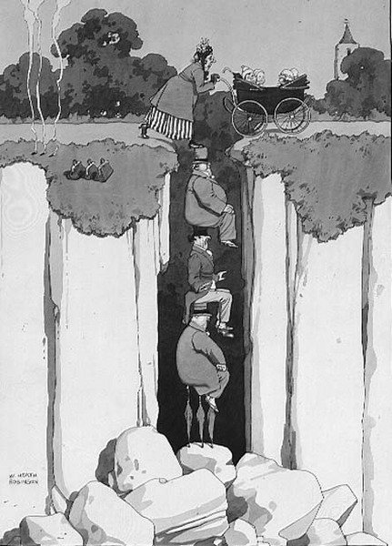 Act of Kindness, Thoughtfulness of Three Gentlemen in Assisting Lady over Chasm (penna och bläck, akvarell) av William Heath Robinson