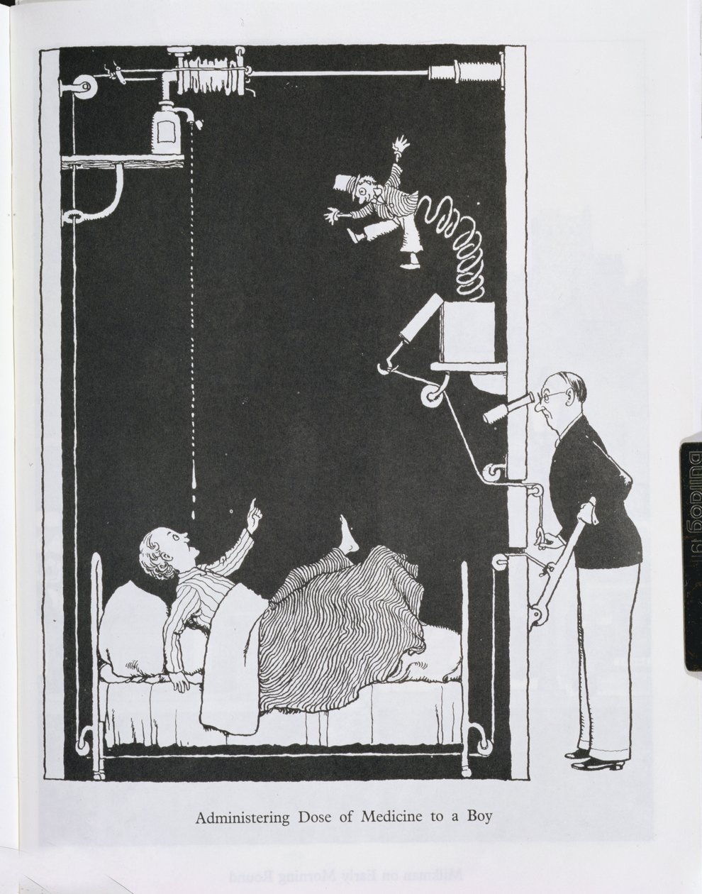 Administrera en dos av medicin till en pojke, illustration från "Inventions" av William Heath Robinson