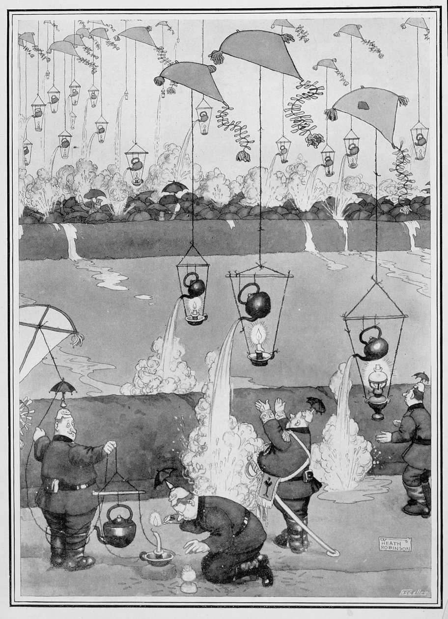 Flying Kettle Attack, från Some Frightful War Pictures, 1915 (tryck) av William Heath Robinson