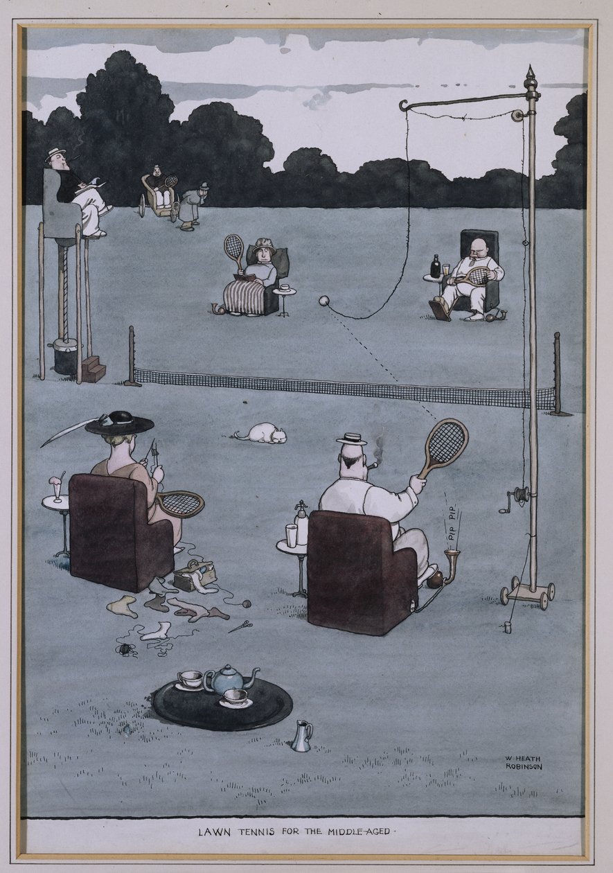 Lawn Tennis för medelåldern (penna & bläck och w/c) av William Heath Robinson