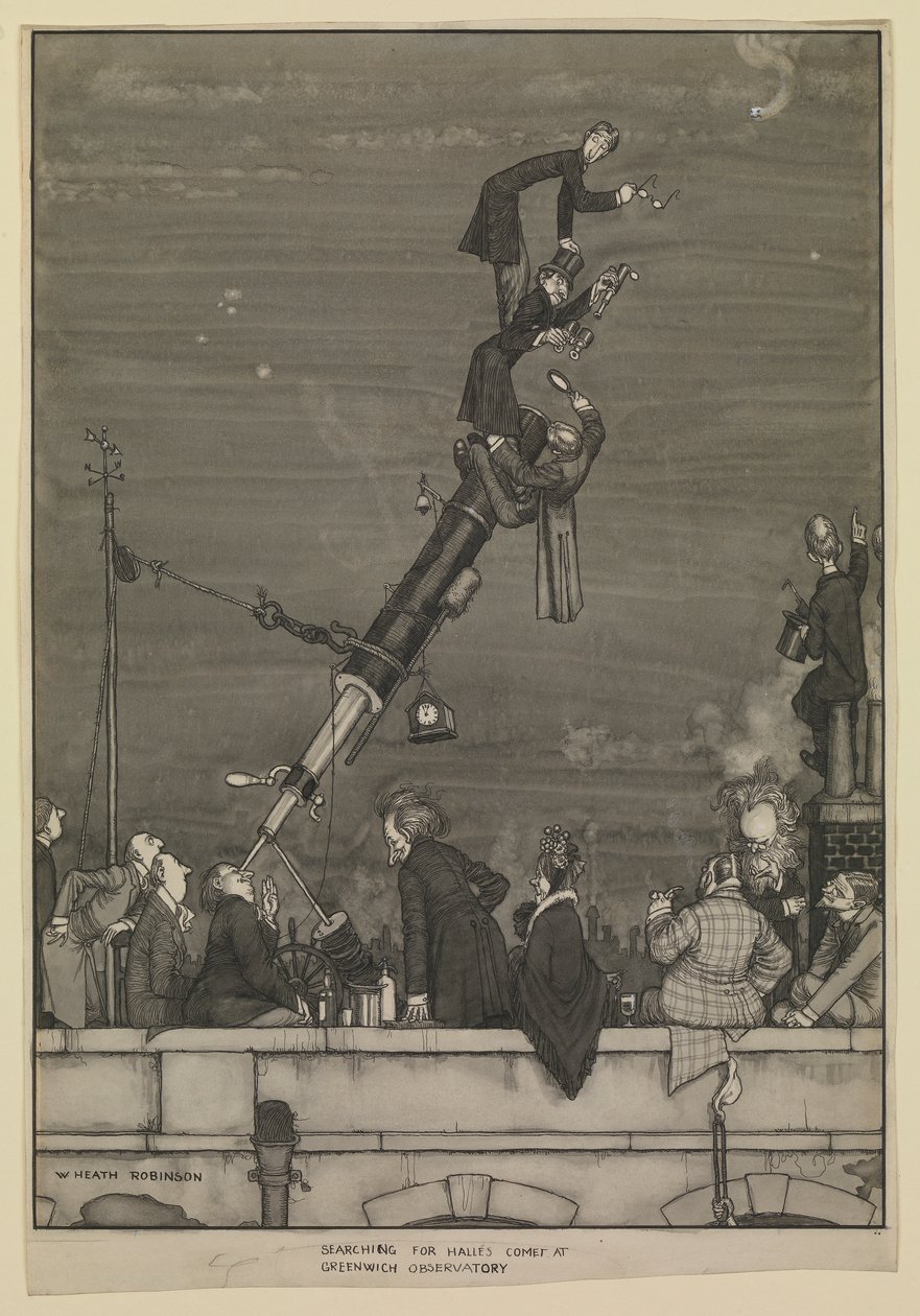 Söker efter Halleys komet vid Greenwich-observatoriet av William Heath Robinson
