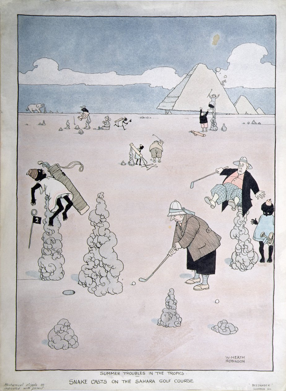 Summer Troubles in the Tropics - Snake Casts on the Sahara Golf Course (penna, bläck och akvarell) av William Heath Robinson
