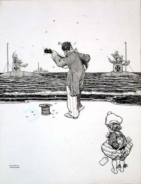 Handla med fienden på Yarmouth Sands, från "Några skrämmande krigsbilder" av William Heath Robinson