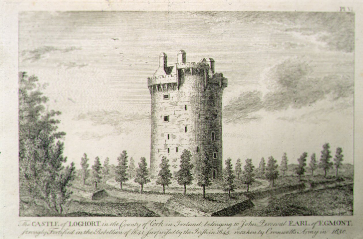 Castle Howel, Barony of Kells, County Kilkenny, Irland, från "Scenery and Antiquities of Ireland" av George Virtue av William Henry (after) Bartlett