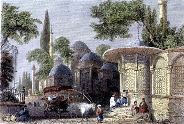 Fontän och moské i Chahzade, graverad av Roberts Sands (1792-1855) omkring 1850 (akvatint) av William Henry (after) Bartlett