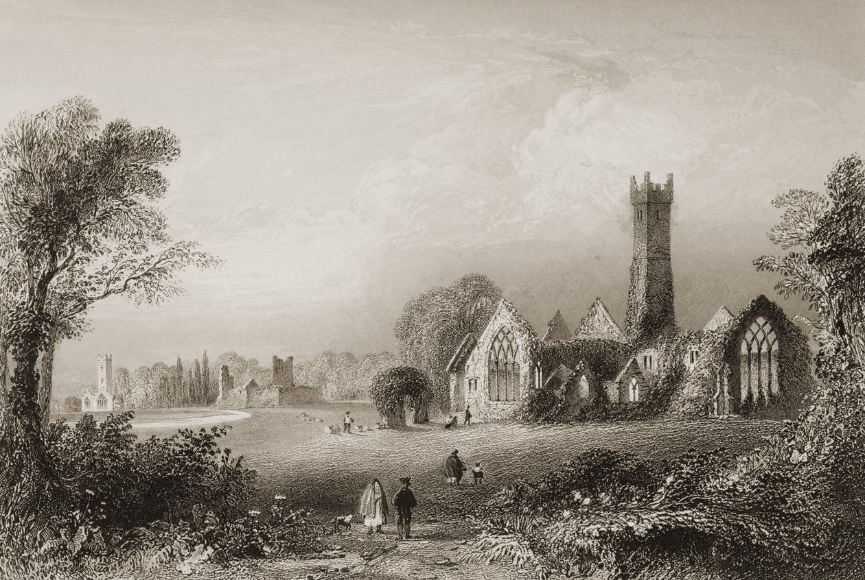 Augustinian Abbey i Adare, County Limerick, Irland, från "Scenery and Antiquities of Ireland" av George Virtue, 1860-talet av William Henry Bartlett