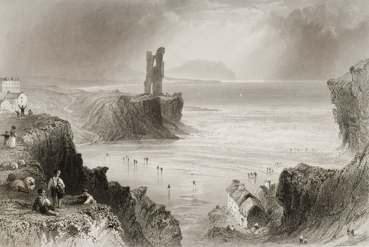 Ballybunnion, County Kerry, Irland, från "Scenery and Antiquities of Ireland" av George Virtue, 1860-talet av William Henry Bartlett